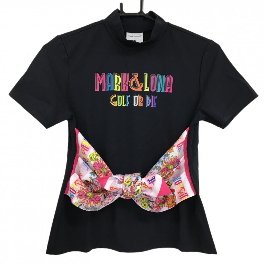 【超美品】マークアンドロナ 半袖ハイネックシャツ 黒×ピンク×マルチカラー  レディース 36(S) ゴルフウェア 2025年モデル MARK＆LONA