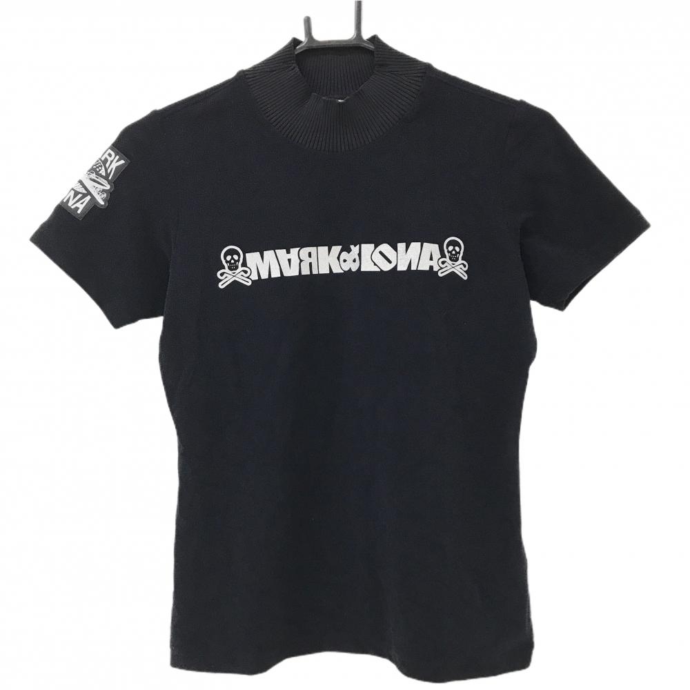 【美品】マークアンドロナ 半袖ハイネックシャツ 黒 シルバーロゴ ネックリブ スカル レディース 36(S) ゴルフウェア MARK＆LONA