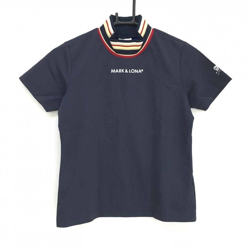【美品】マークアンドロナ 半袖ハイネックシャツ ダークネイビー×レッド ネックボーダー  レディース 38(M) ゴルフウェア MARK＆LONA