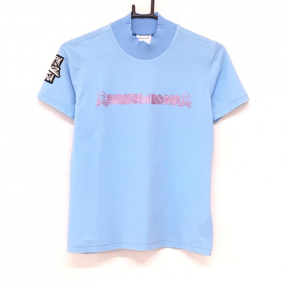【超美品】マークアンドロナ 半袖ハイネックシャツ ライトブルー ラメ入りプリント スカル  レディース 38(M) ゴルフウェア MARK＆LONA