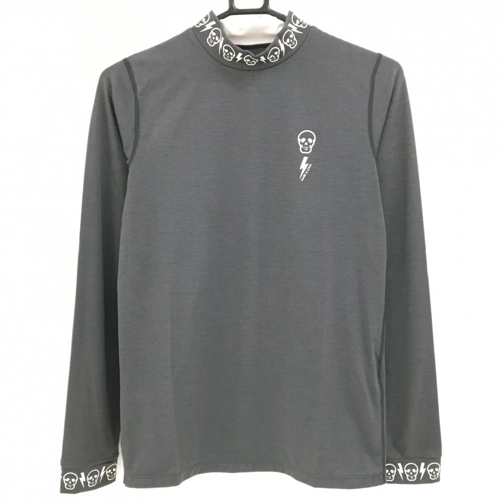 マークアンドロナ 長袖ハイネックシャツ グレー×白 ネック・袖口スカル  レディース WM ゴルフウェア MARK＆LONA