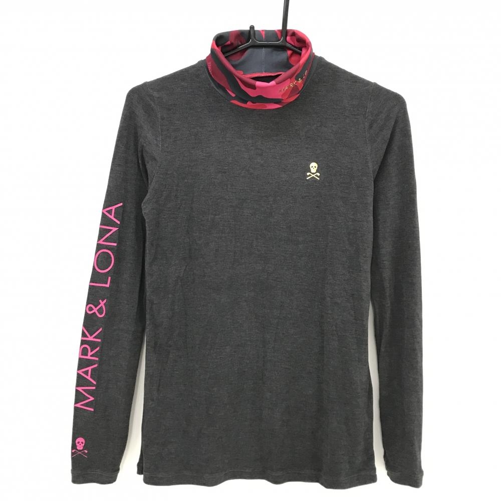 【超美品】マークアンドロナ 長袖タートルネックシャツ グレー×ピンク ネックカモフラ 微起毛   レディース M ゴルフウェア MARK＆LONA