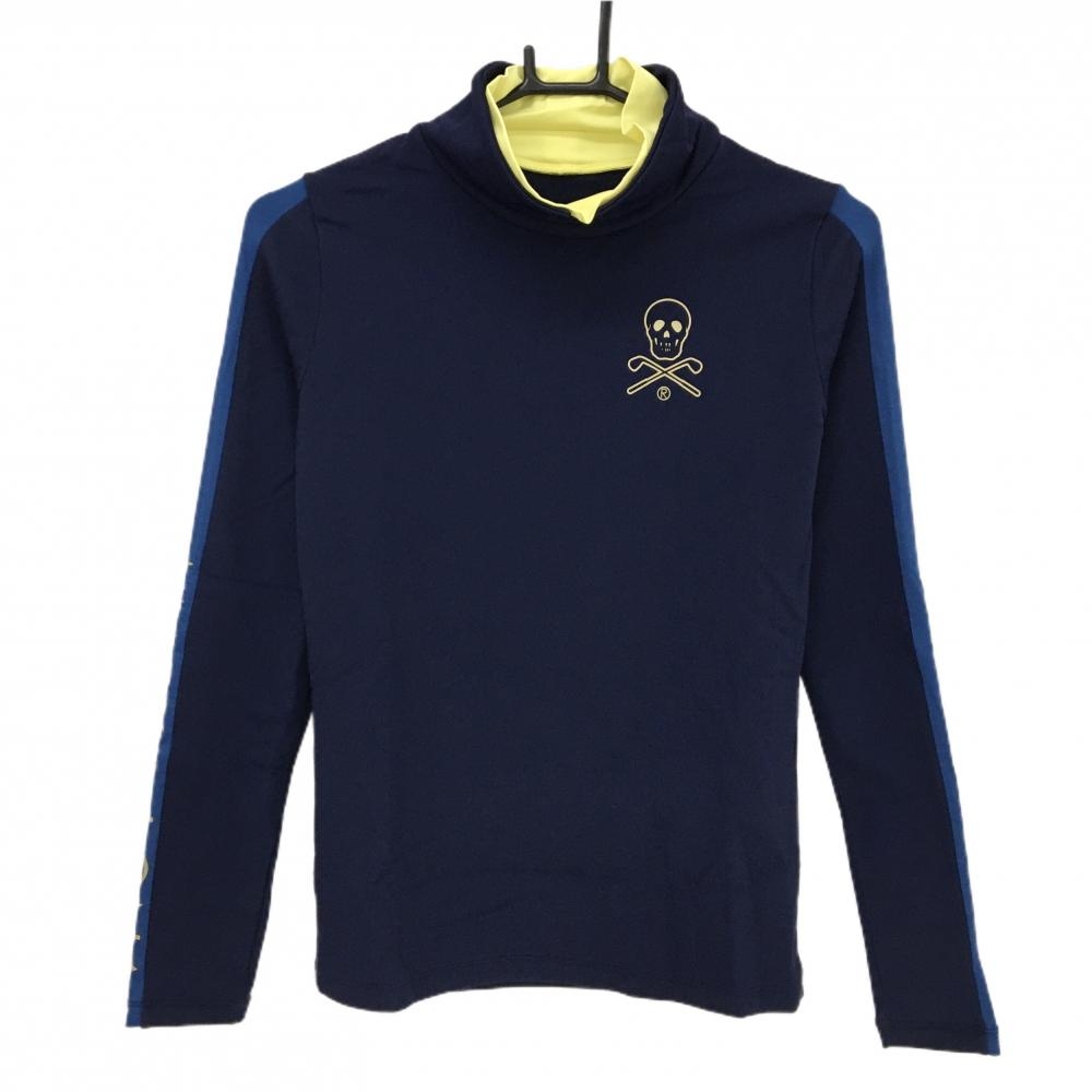 【超美品】マークアンドロナ 長袖ハイネックシャツ ネイビー ロゴゴールド ストレッチ  レディース 38(M) ゴルフウェア MARK＆LONA