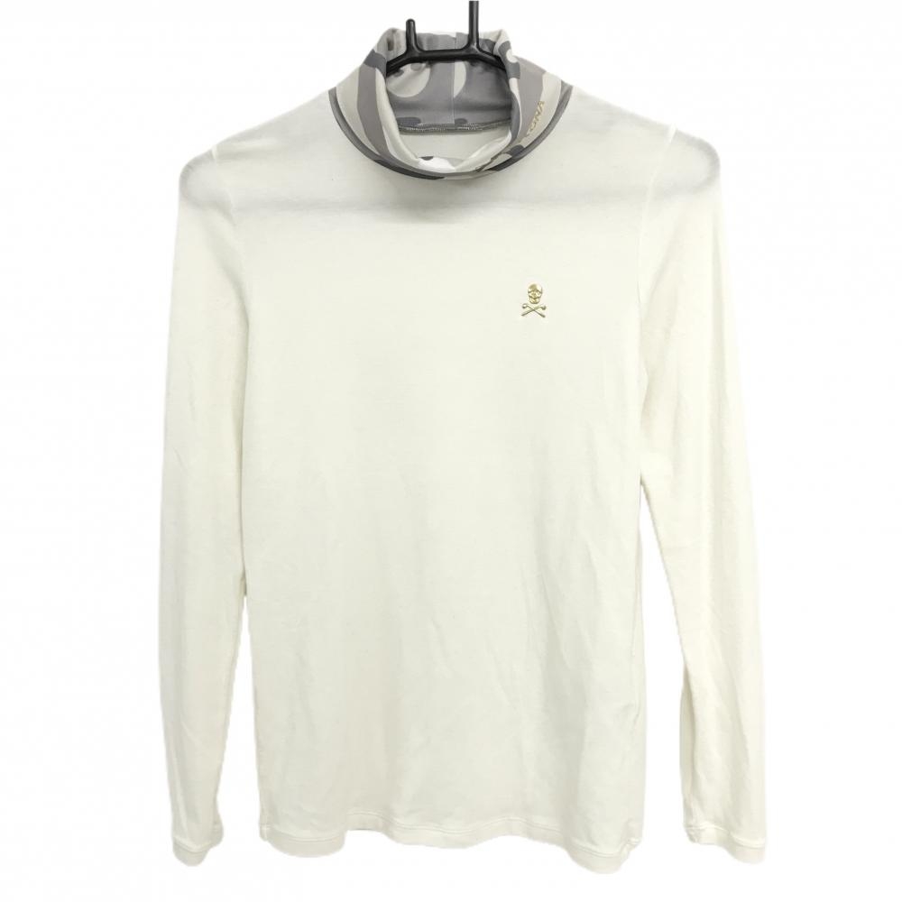 【美品】マークアンドロナ 長袖ハイネックシャツ 白×グレー ネック迷彩 カモフラ 表微起毛 レディース 38(M) ゴルフウェア MARK＆LONA