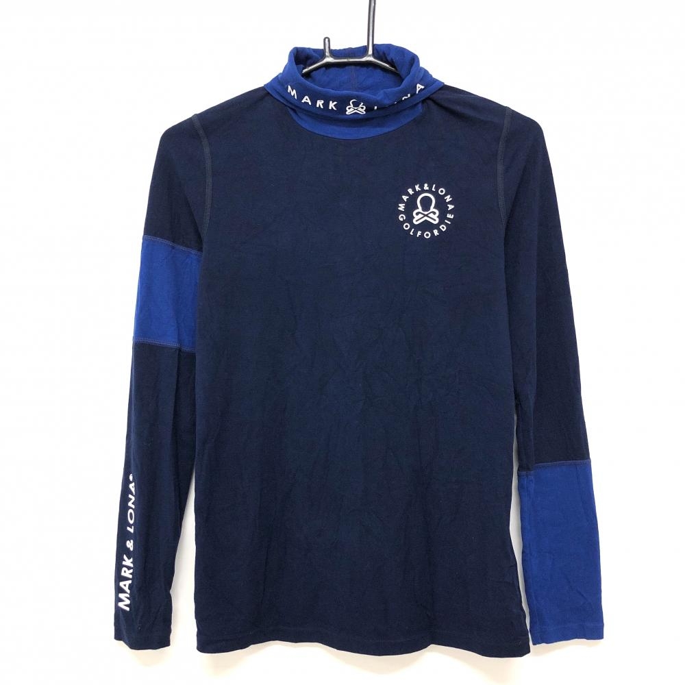 【美品】マークアンドロナ 長袖タートルネックシャツ ネイビー×ブルー 表微起毛  レディース 38(L) ゴルフウェア MARK＆LONA