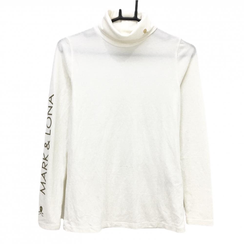 【超美品】マークアンドロナ 長袖ハイネックシャツ 白×ゴールド 袖ロゴ 表微起毛 レディース 38(M) ゴルフウェア MARK＆LONA