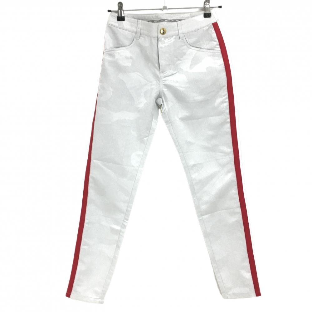 【超美品】マークアンドロナ パンツ 白×レッド カモフラ柄地模様 迷彩 シルバーラメ サイドライン レディース S ゴルフウェア MARK＆LONA