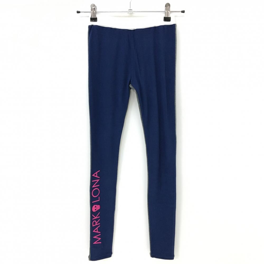 【超美品】マークアンドロナ レギンス ネイビー×グレー 起毛素材 ストレッチ 裾ロゴピンク レディース WS(S) ゴルフウェア MARK＆LONA