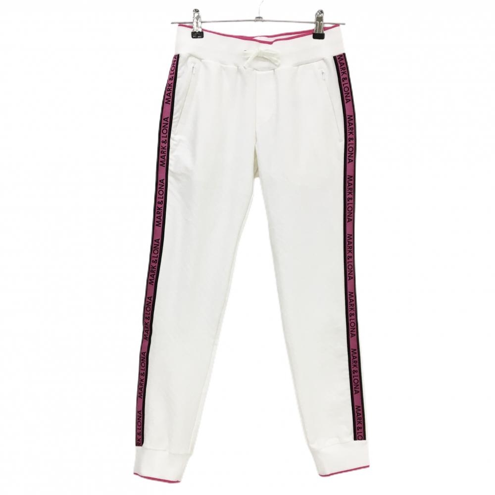 【超美品】マークアンドロナ ジョガーパンツ　白×ピンク 斜めストライプ・ロゴ地模様 レディース 36(S) ゴルフウェア MARK＆LONA