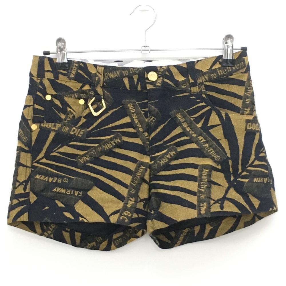 【美品】マークアンドロナ ショートパンツ ゴールド×ダークネイビー 総柄 裏地メッシュ レディース M ゴルフウェア MARK＆LONA