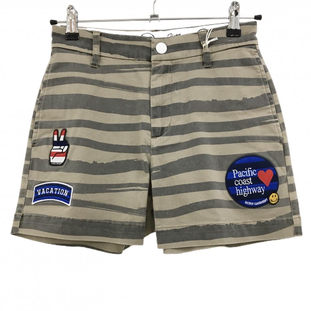 【新品】ホーンガーメント ショートパンツ ベージュ×ダークブラウン ボーダー  レディース 36(S) ゴルフウェア 2022年モデル MARK＆LONA