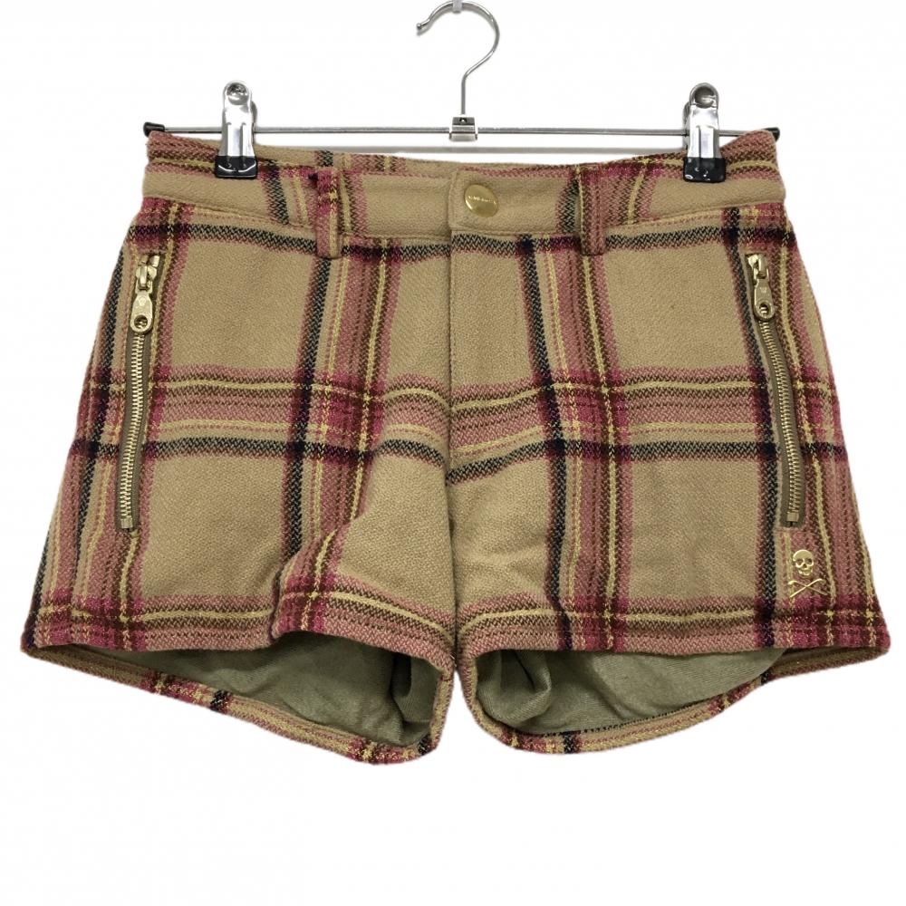 【美品】マークアンドロナ ショートパンツ ベージュ×ピンク チェック ボンボン付き 裏起毛 レディース 36(S) ゴルフウェア MARK＆LONA