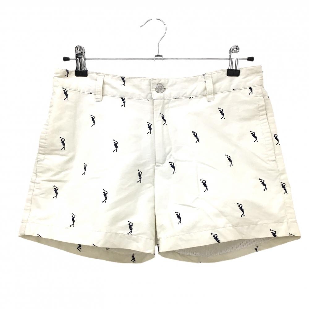 マークアンドロナ ショートパンツ 白×ネイビー スカルゴルファー総柄 メッシュ裏地 レディース M ゴルフウェア MARK＆LONA
