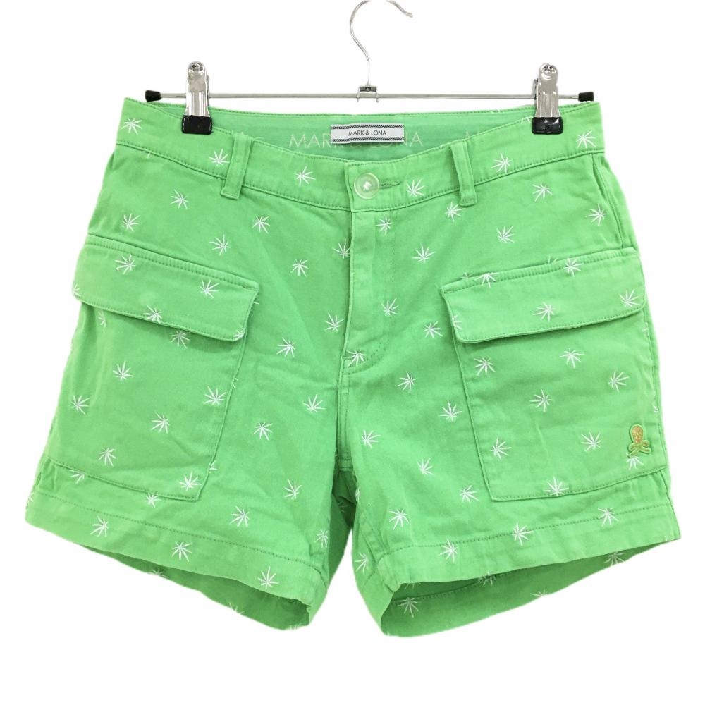 マークアンドロナ ショートパンツ ライトグリーン×白 リーフ柄刺しゅう レディース M ゴルフウェア MARK＆LONA