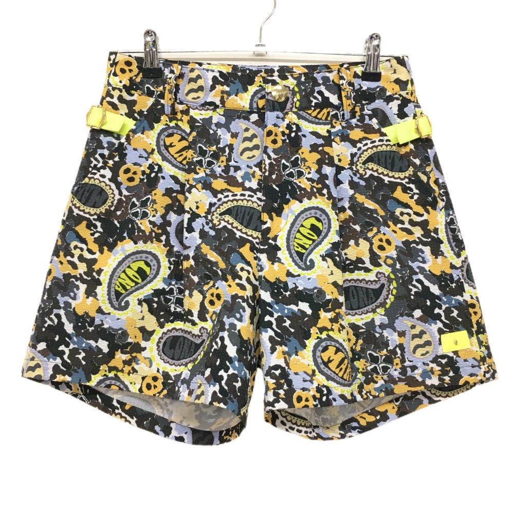 【超美品】マークアンドロナ ショートパンツ グレー×オレンジ 総柄 サッカー生地 スカル  レディース 40(L) ゴルフウェア MARK＆LONA