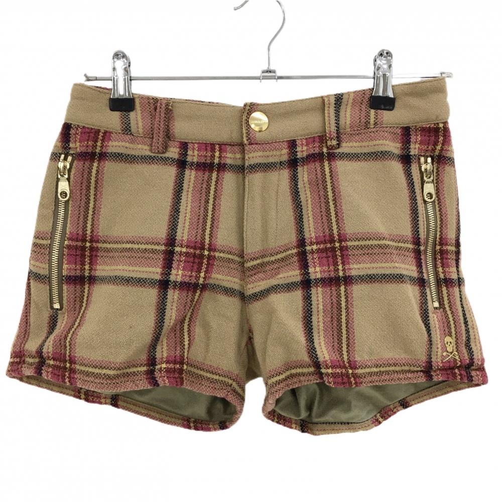 【超美品】マークアンドロナ ショートパンツ ベージュ×ピンク チェック ウール混 裏微起毛  レディース 38(M) ゴルフウェア MARK＆LONA