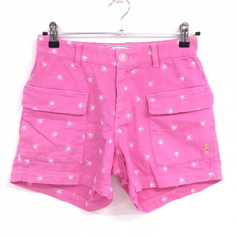 マークアンドロナ ショートパンツ ピンク×白 刺しゅう総柄 レディース S ゴルフウェア MARK＆LONA