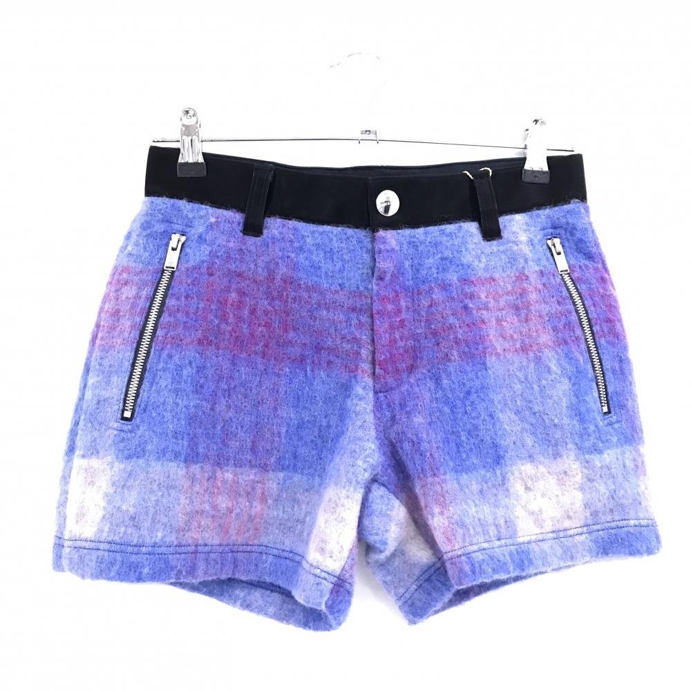 【新品】マークアンドロナ ショートパンツ ブルー×レッド系 起毛素材 ウール混　裏地付き レディース 38(M) ゴルフウェア MARK＆LONA