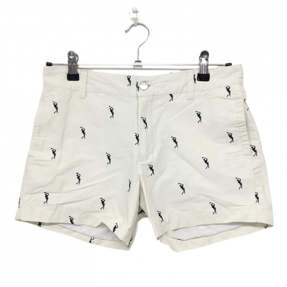 【美品】マークアンドロナ ショートパンツ アイボリー×ネイビー 刺しゅう総柄 裏地メッシュ レディース S ゴルフウェア MARK＆LONA