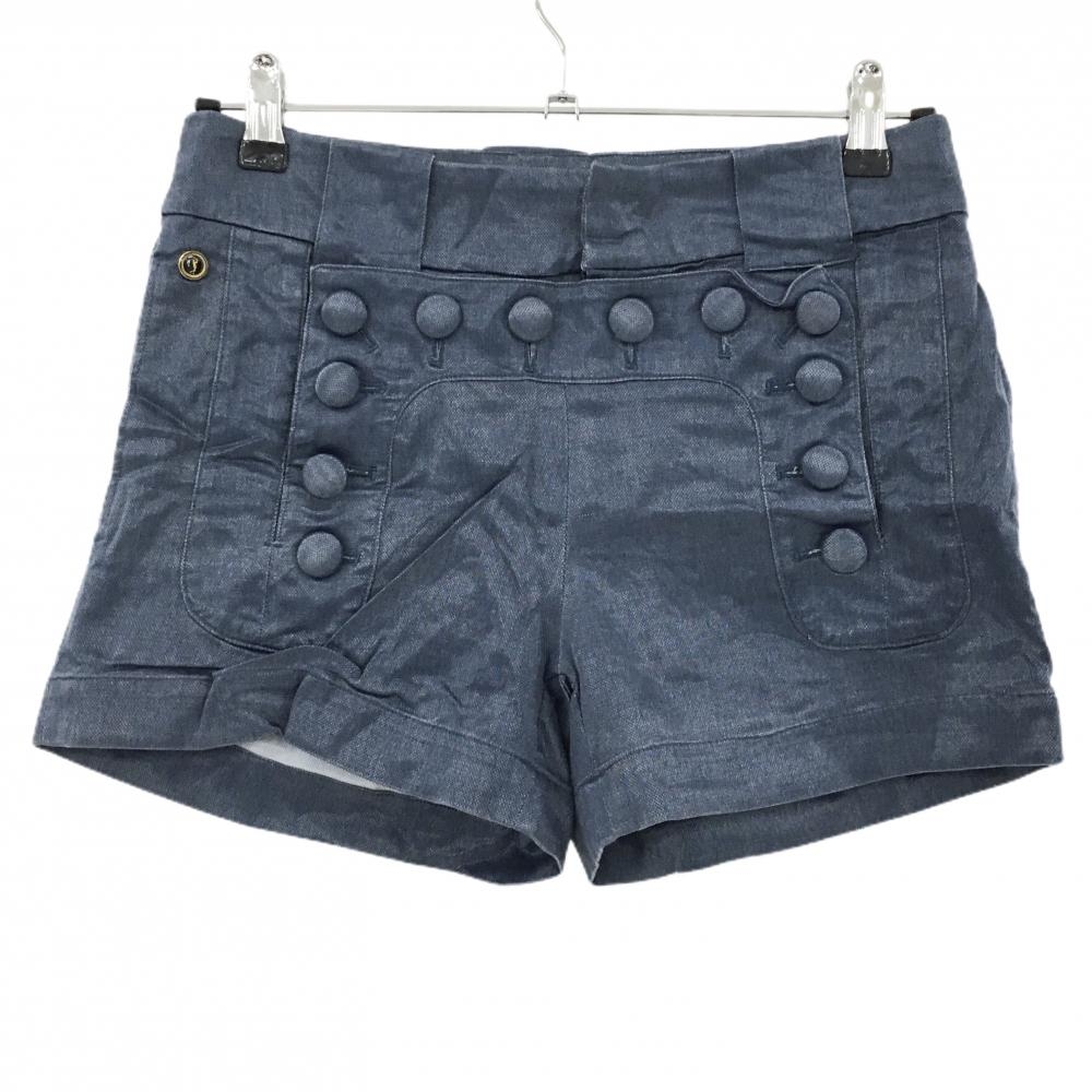 【美品】マークアンドロナ ショートパンツ ネイビー系 光沢生地 複数ボタン レディース S ゴルフウェア MARK＆LONA