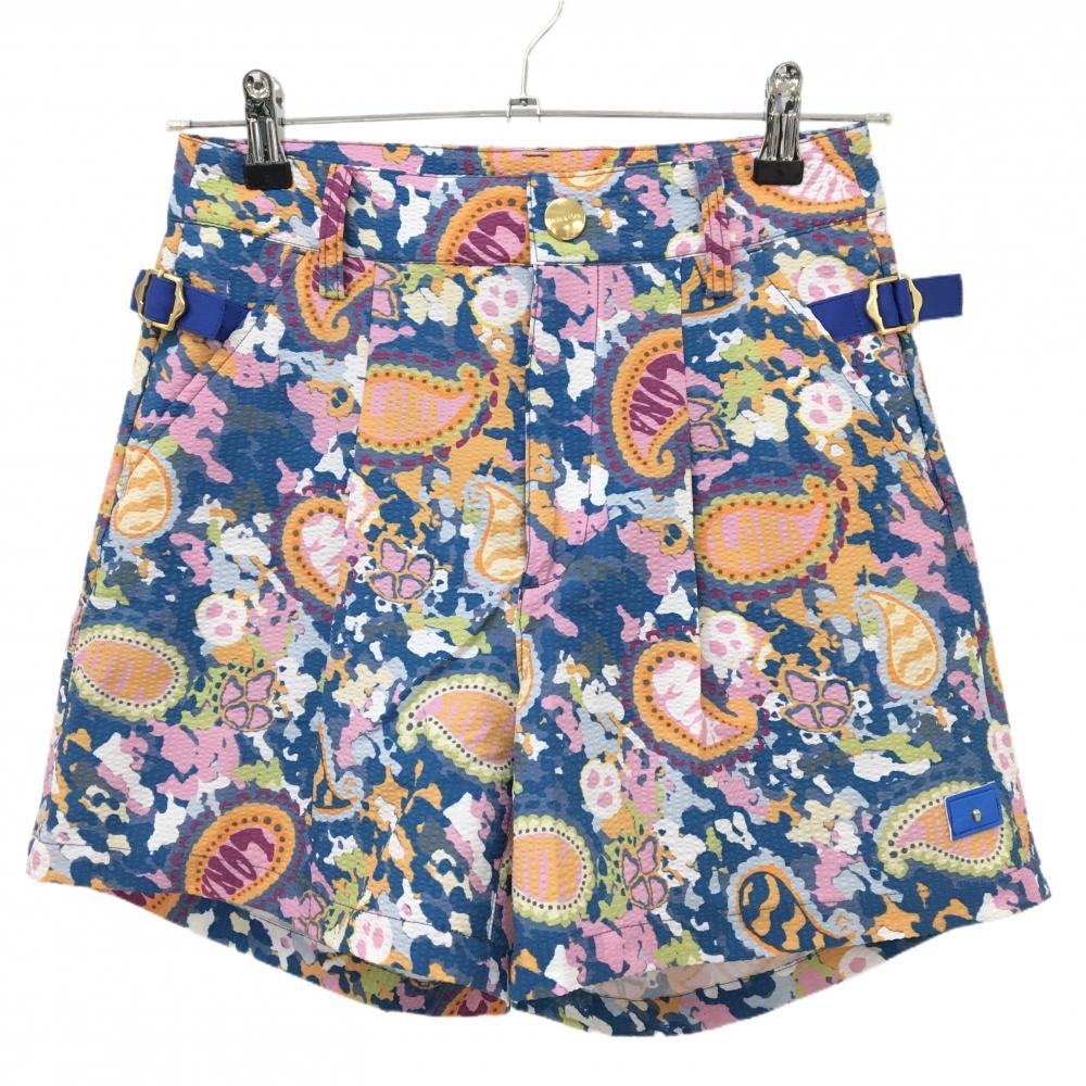【超美品】マークアンドロナ ショートパンツ ネイビー×オレンジ ヘリンボーン風総柄 スカル レディース 38(M) ゴルフウェア MARK＆LONA