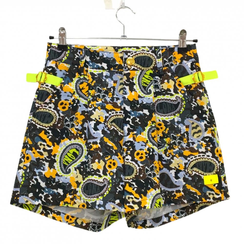 【美品】マークアンドロナ ショートパンツ 白×グレー系×オレンジ 総柄 サッカー生地  レディース 38(M) ゴルフウェア MARK＆LONA