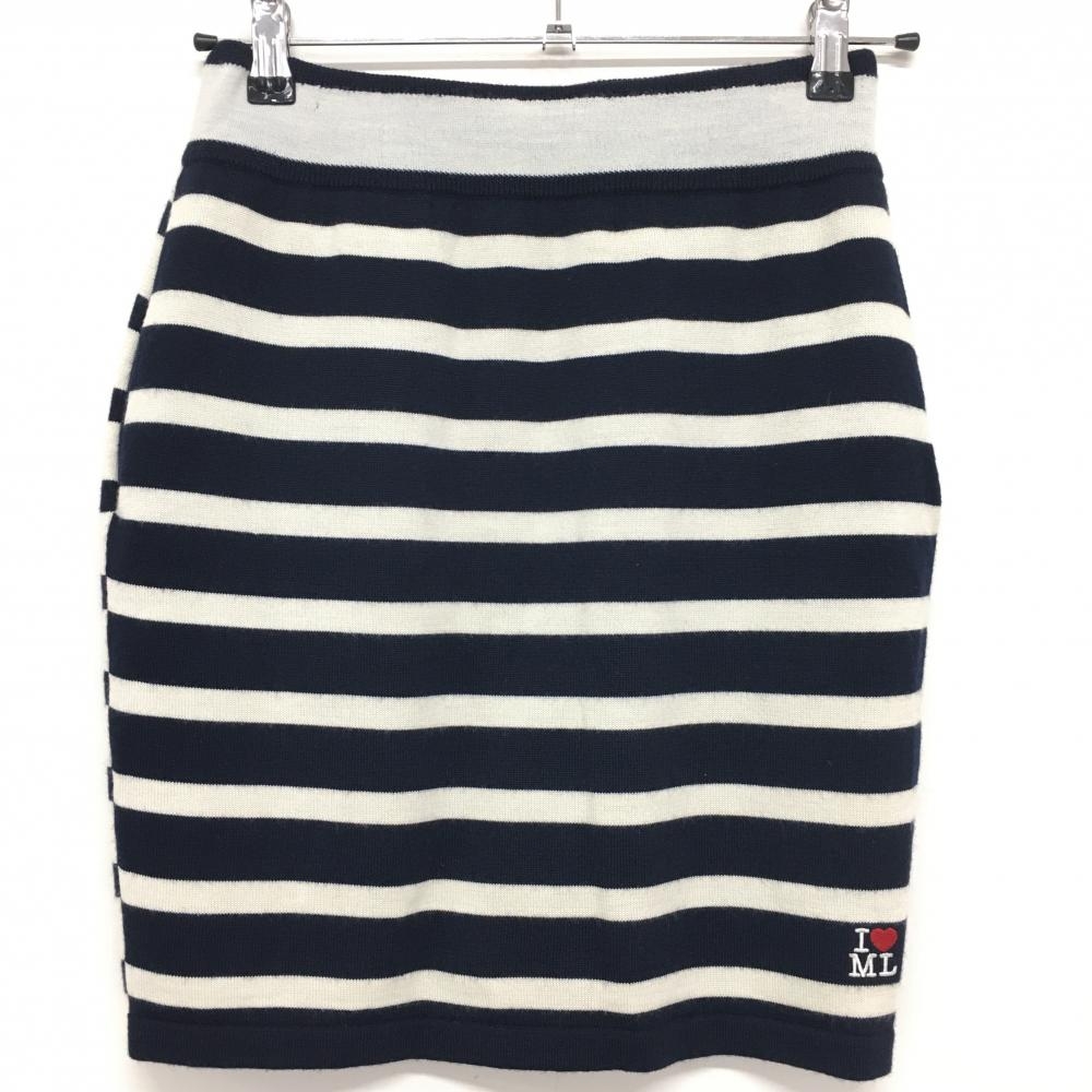 【美品】マークアンドロナ ニットスカート ネイビー×白 ボーダー ウエストゴム 裏地付き レディース M ゴルフウェア MARK＆LONA