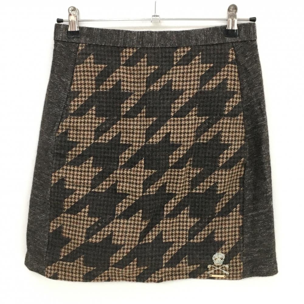 【美品】マークアンドロナ ニットスカートベージュ×ブラウン 前面千鳥格子 ウール混 レディース M ゴルフウェア MARK＆LONA