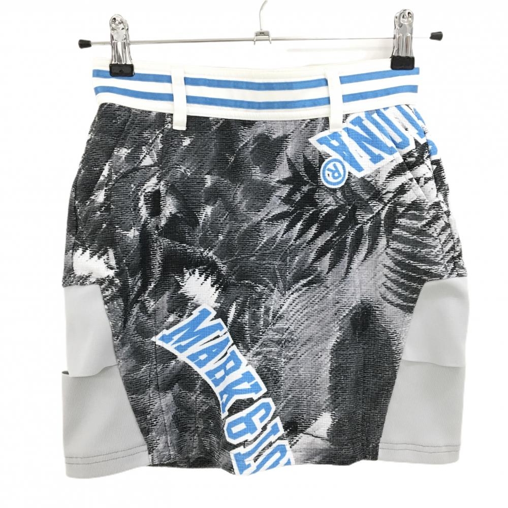 【美品】マークアンドロナ スカート グレー×黒×ライトブルー 総柄 サイドスリット レディース 36(S) ゴルフウェア MARK＆LONA