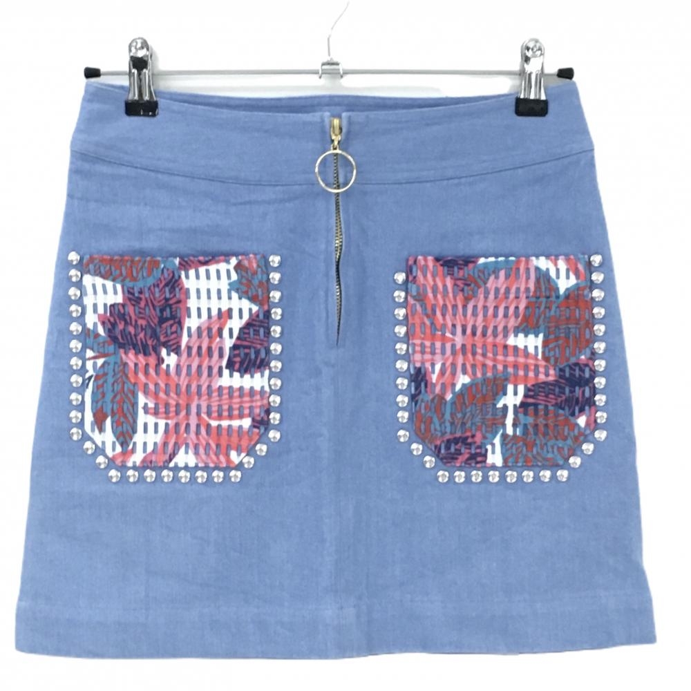 【美品】マークアンドロナ スカート ライトブルー×レッド系 フロントジップ レディース M ゴルフウェア MARK＆LONA