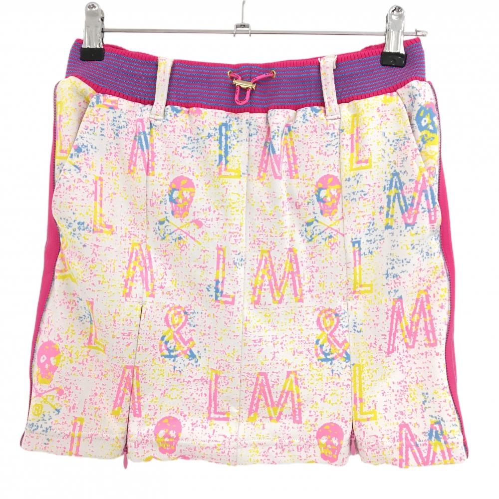 【新品】マークアンドロナ スカート 白×ピンク 総柄 スカル ウエストゴム 内側インナーパンツ  レディース 38(M) ゴルフウェア MARK＆LONA