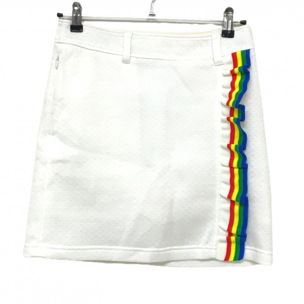 【美品】マークアンドロナ スカート 白×マルチカラー メッシュ生地 レインボーフリル レディース 38(M) ゴルフウェア MARK＆LONA