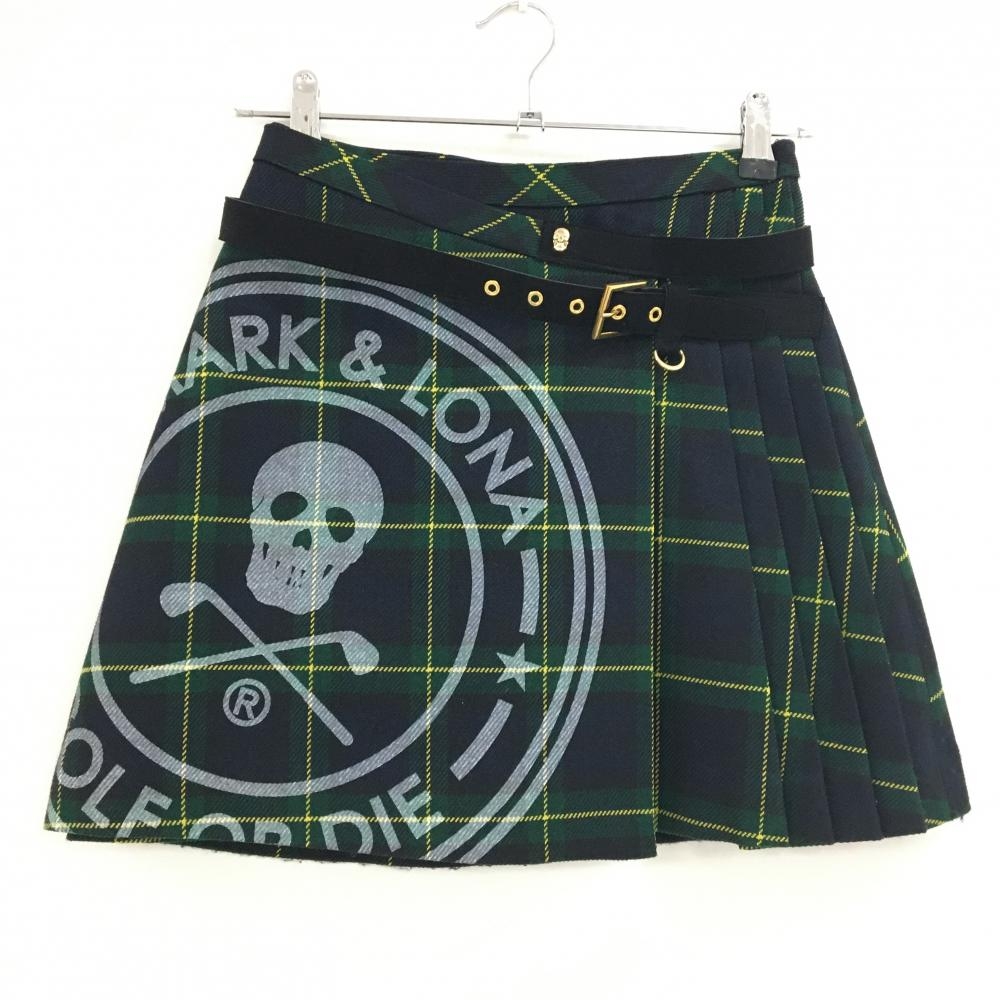【美品】マークアンドロナ スカート グリーン×黒×イエロー チェック 一部プリーツ  レディース 36(S) ゴルフウェア MARK＆LONA
