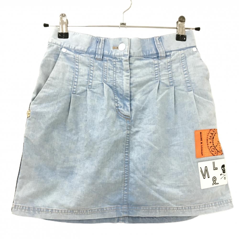 【美品】マークアンドロナ スカート ライトブルー×白 サイドロゴライン ウエスト一部ゴム レディース 36(S) ゴルフウェア MARK＆LONA