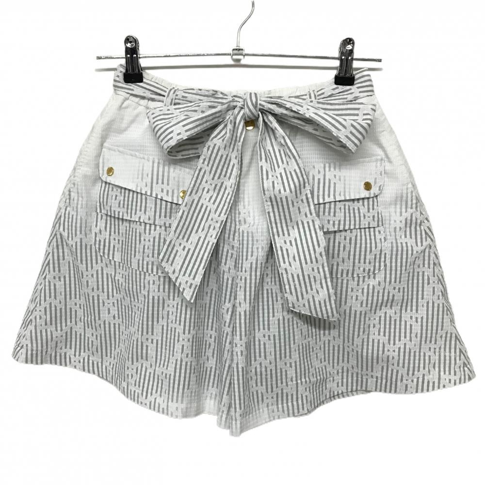 【美品】マークアンドロナ キュロットスカート 白×グレー ストライプ 裏地メッシュ 共布ベルト付 レディース M ゴルフウェア MARK＆LONA