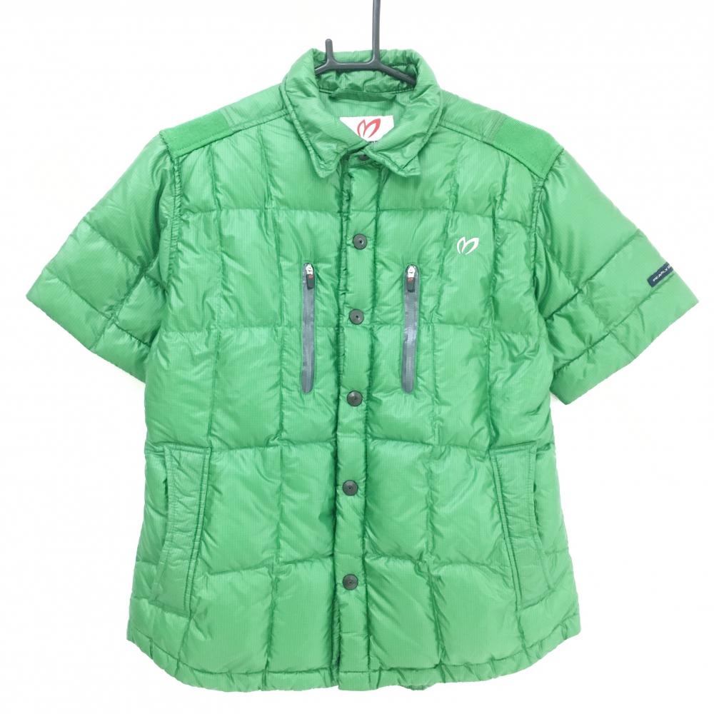 【超美品】マスターバニー 襟付き半袖ダウンジャケット グリーン 格子柄地模様 軽量 レディース 2(L) ゴルフウェア MASTER BUNNY EDITION