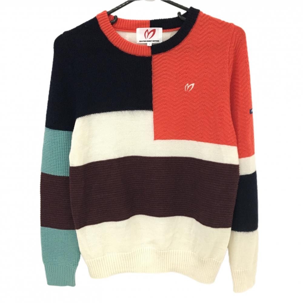 【超美品】マスターバニー セーター レッド系×ネイビー×白 ニット 羊毛・モヘヤ混 レディース 1(M) ゴルフウェア MASTER BUNNY EDITION