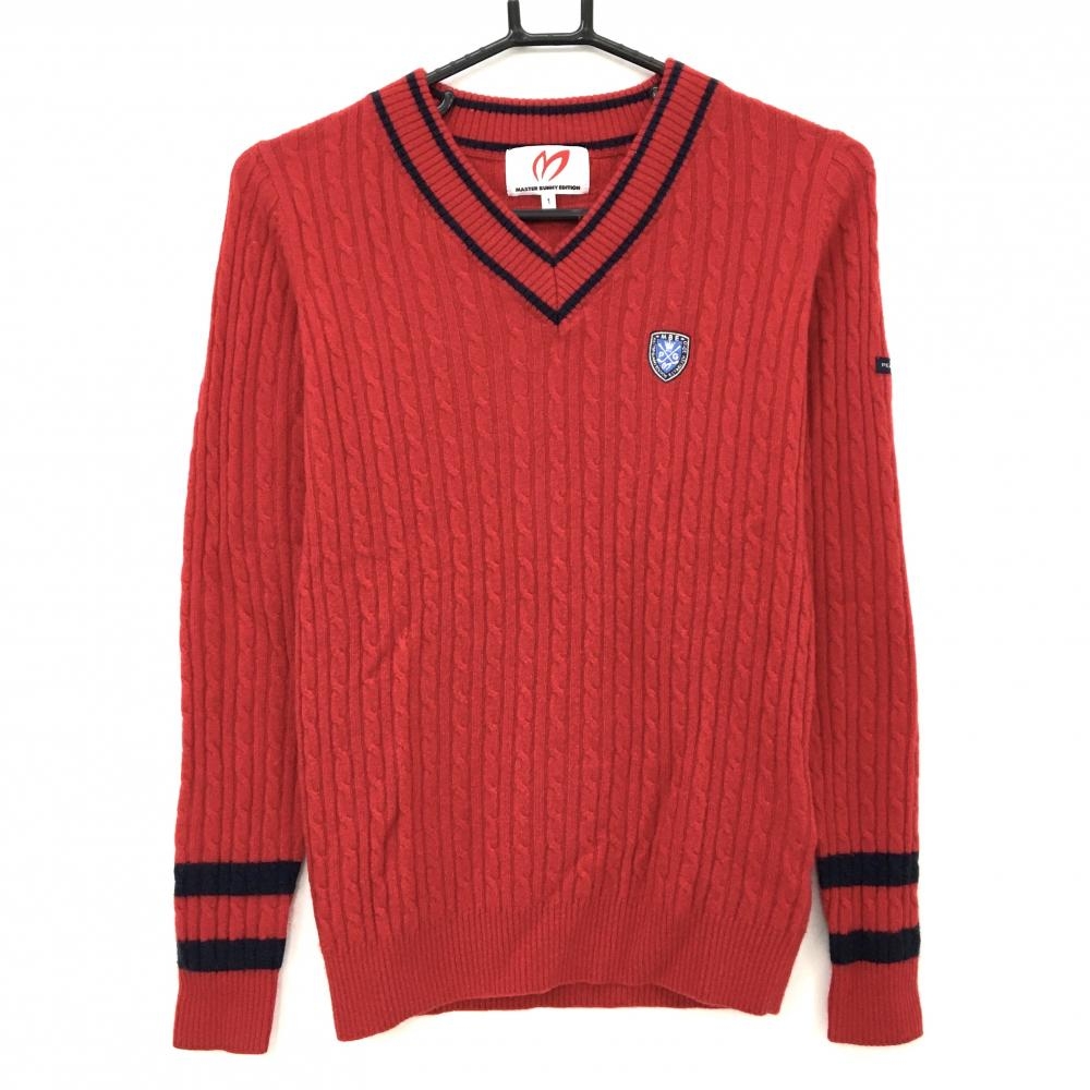 【美品】マスターバニー セーター レッド×ネイビー ケーブル編みカシミヤ100% ニット レディース 1(M) ゴルフウェア MASTER BUNNY EDITION