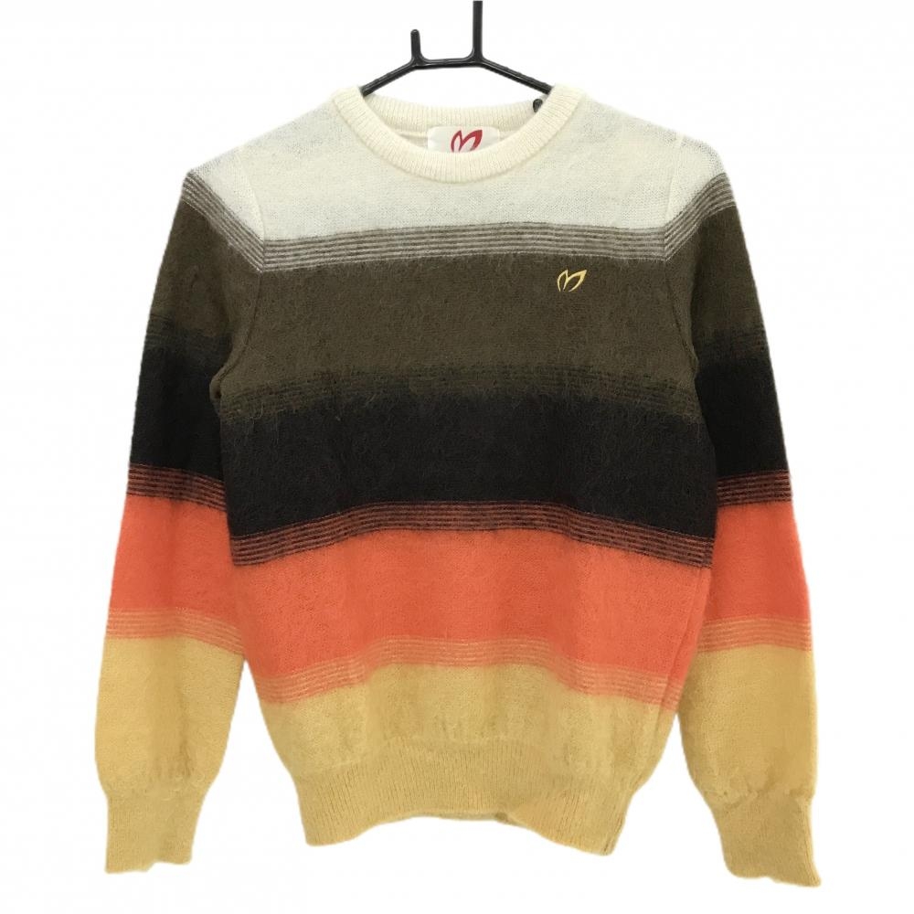 【美品】マスターバニー セーター ブラウン×オレンジ×イエロー モヘヤ混 ニット レディース 0(S) ゴルフウェア MASTER BUNNY EDITION