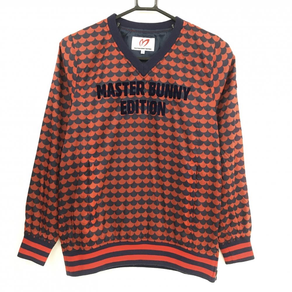 【美品】マスターバニー ナイロンスニード レッド×ネイビー 総柄 裏地付 Vネック レディース 0(S) ゴルフウェア MASTER BUNNY EDITION