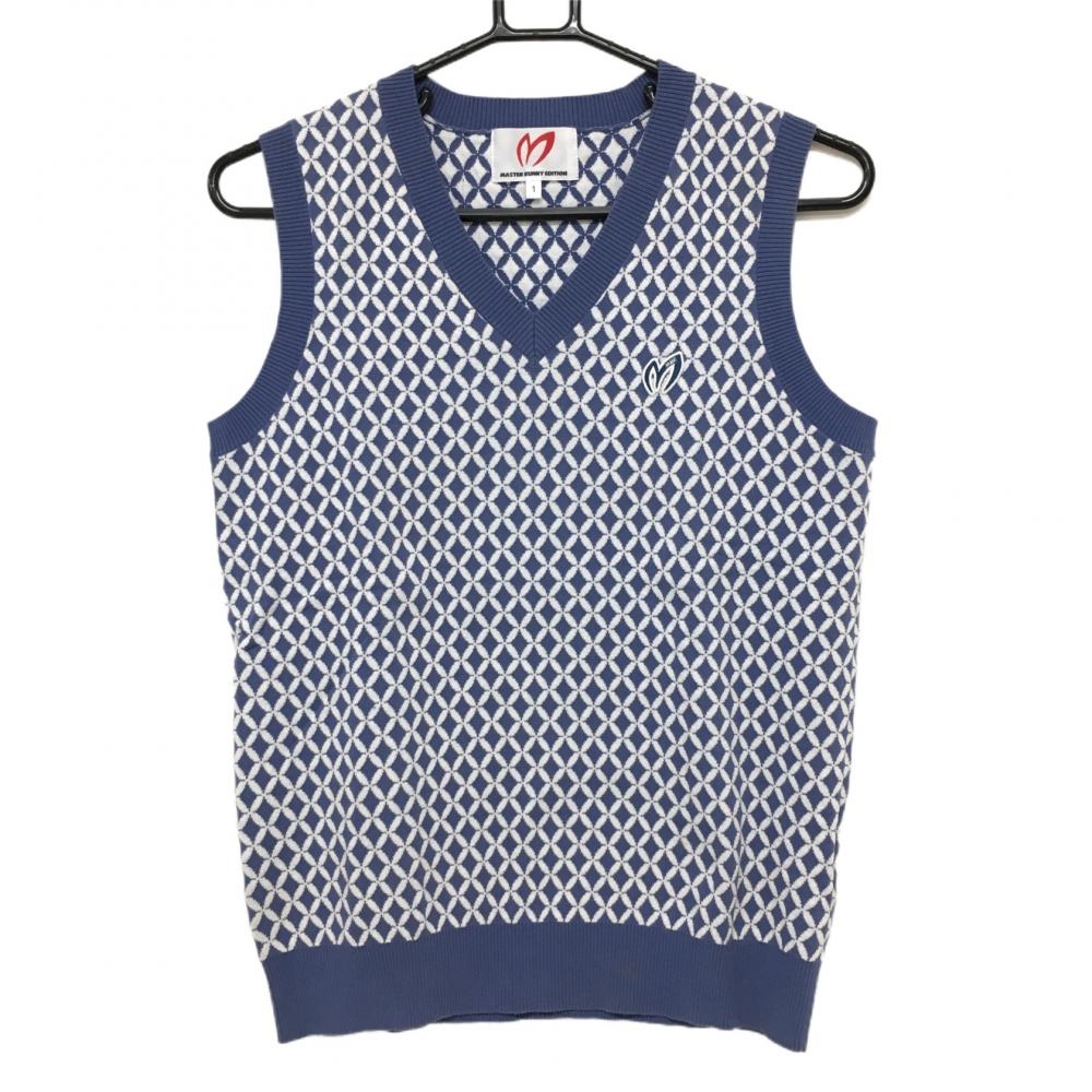 【美品】マスターバニー ニットベスト ライトブルー×白 総柄 Vネック 裾汚れ小 レディース 1 ゴルフウェア MASTER BUNNY EDITION