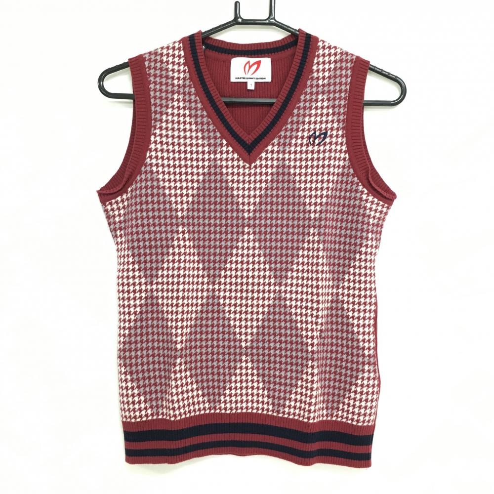 【超美品】マスターバニー ニットベスト ボルドー×白 前面千鳥格子×ダイヤ柄 レディース 1(M) ゴルフウェア MASTER BUNNY EDITION