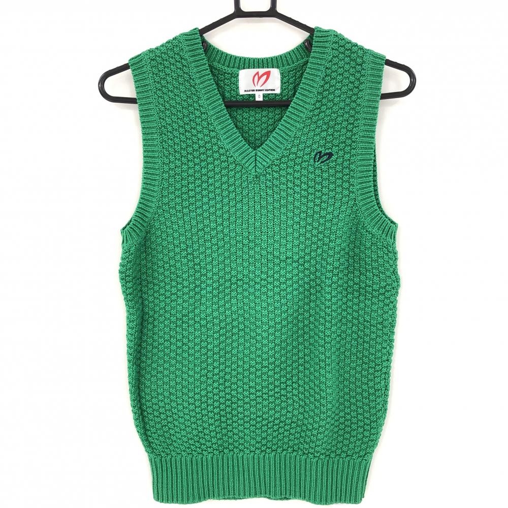 【美品】マスターバニー ニットベスト グリーン コットン100％ Vネック レディース 0(S) ゴルフウェア MASTER BUNNY EDITION