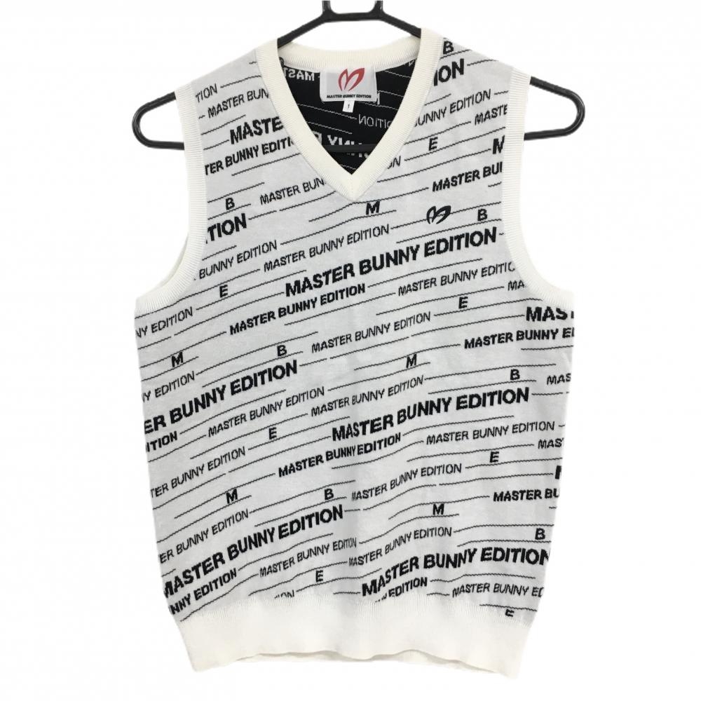 【美品】マスターバニー ニットベスト 白×黒 ロゴ総柄 Vネック コットン混 レディース 1(M) ゴルフウェア MASTER BUNNY EDITION