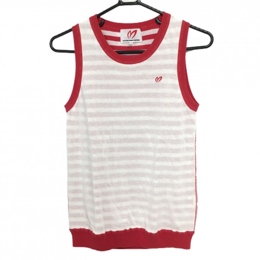 【美品】マスターバニー ニットベスト 白×レッド Vネック 後ダイヤ柄 レディース 1(M) ゴルフウェア MASTER BUNNY EDITION