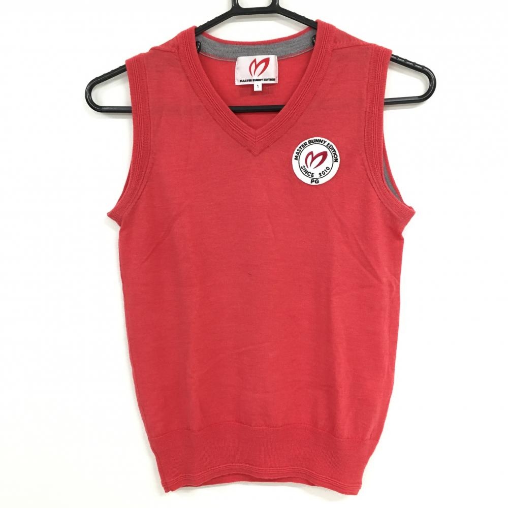 【美品】マスターバニー ニットベスト レッド系 Vネック ロゴワッペン レディース 1(M) ゴルフウェア MASTER BUNNY EDITION