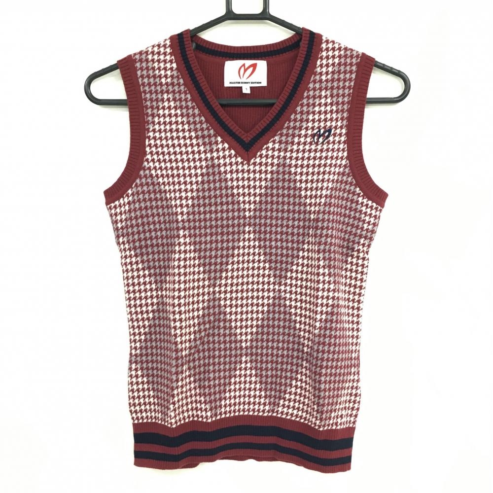 【超美品】マスターバニー ニットベスト ボルドー×白 千鳥格子×ダイヤ柄 Vネック レディース 1(M) ゴルフウェア MASTER BUNNY EDITION