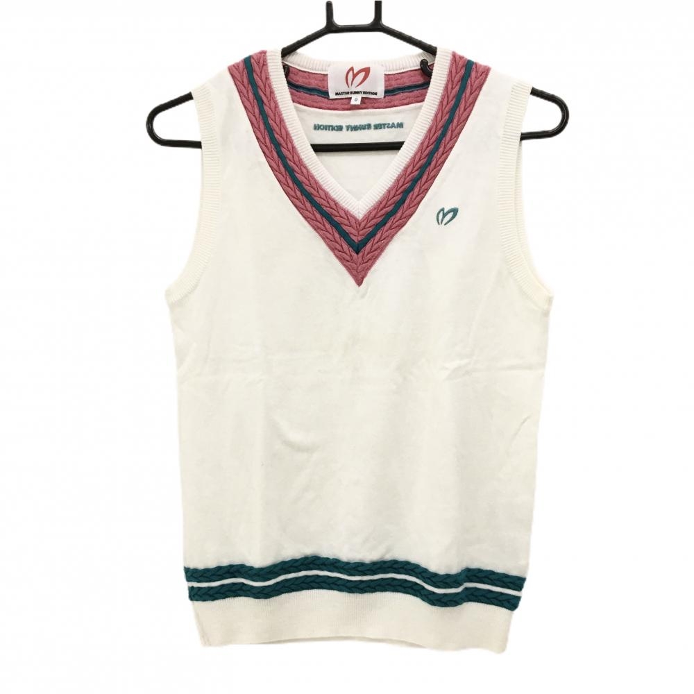 マスターバニー ニットベスト 白×ピンク Vネック コットン100％ レディース 0(S) ゴルフウェア MASTER BUNNY EDITION