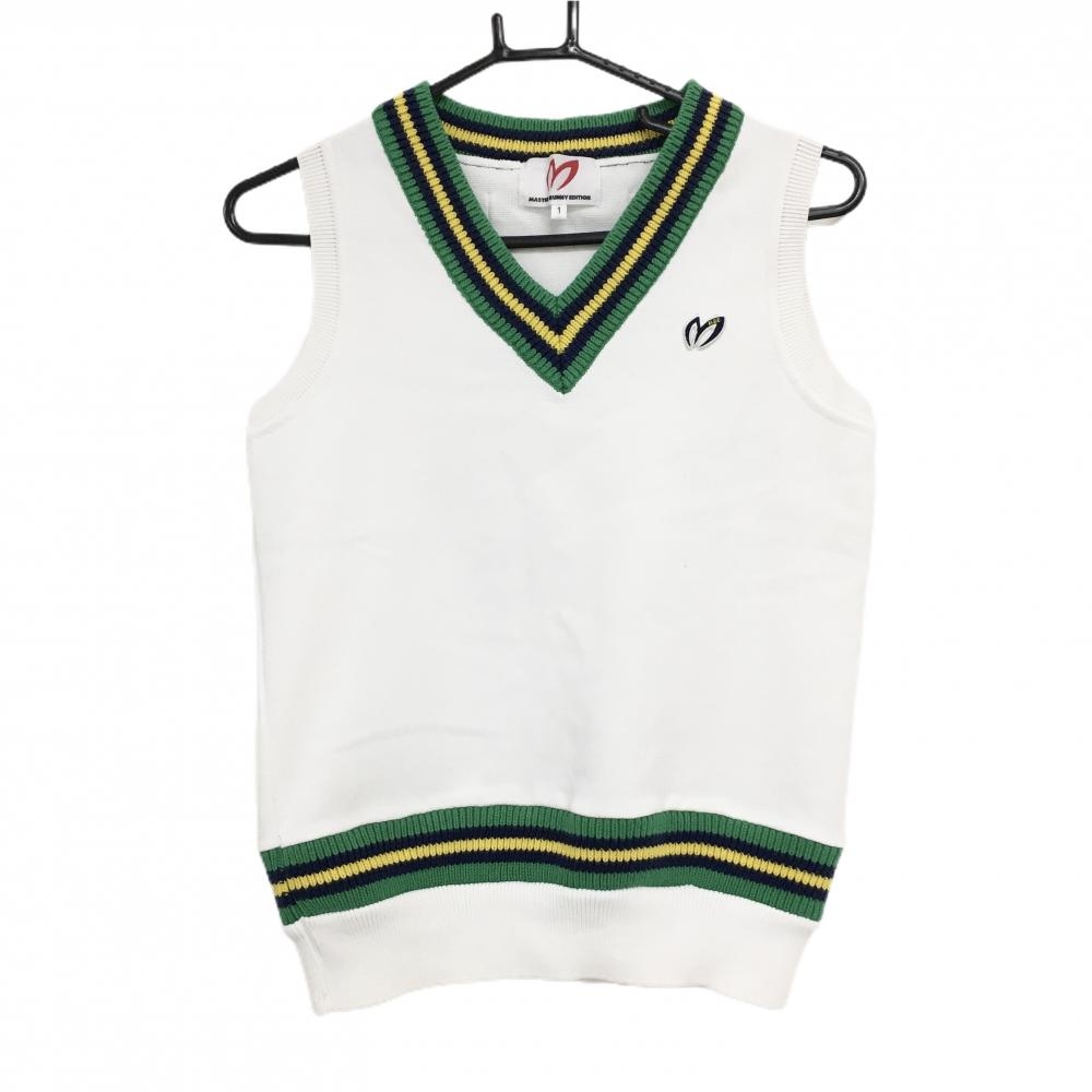 【超美品】マスターバニー ニットベスト 白×グリーン×イエロー Vネック レディース 1(M) ゴルフウェア MASTER BUNNY EDITION