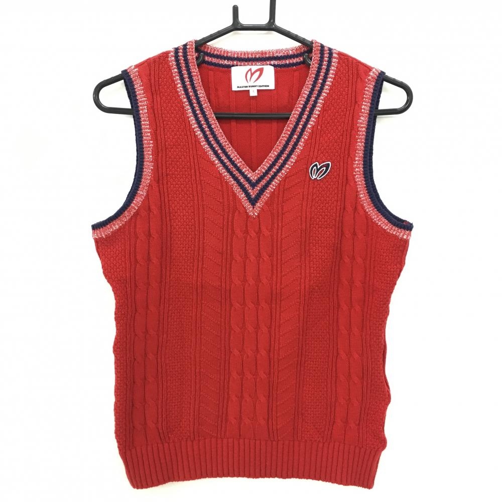 【美品】マスターバニー ニットベスト レッド×ネイビー 前ケーブル編み Vネック レディース 1(M) ゴルフウェア MASTER BUNNY EDITION